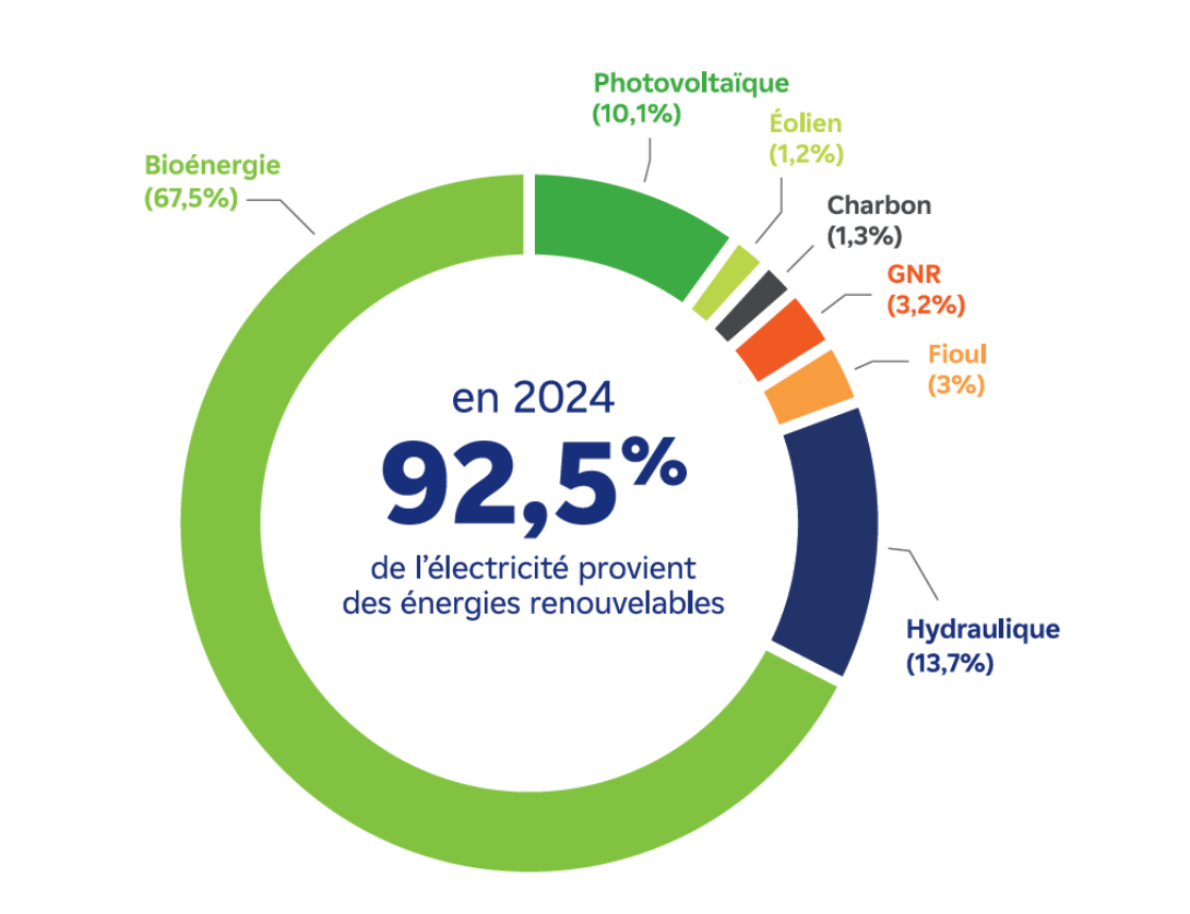 En 2024, 93% de l'électricité provient des énergies renouvelables : bioénergie 68%, hydraulique 14%, photovoltaïque 10%, éolien 1%. Le reste étant réparti sur le charbon, GNR et fioul.