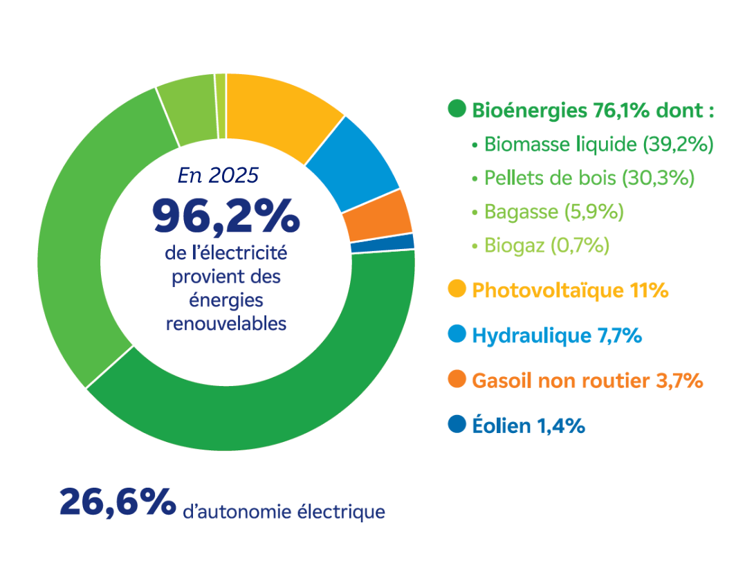 En 2025, 96,2% de l'électricité provient des énergies renouvelables : bioénergie 76,1%, photovoltaïque 11%, hydraulique 7,7%, éolien 1,4%. Le reste étant composé de Gasoil non routier à 3,7%. L'autonomie électrique est de 26,6%