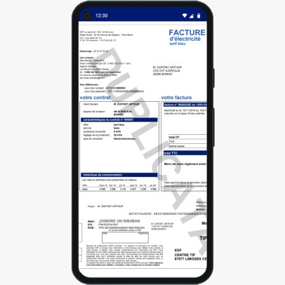Capture d’écran de l’application EDF Dom & Corse, page « Mes factures » affichant un exemple de facture d’électricité numérique