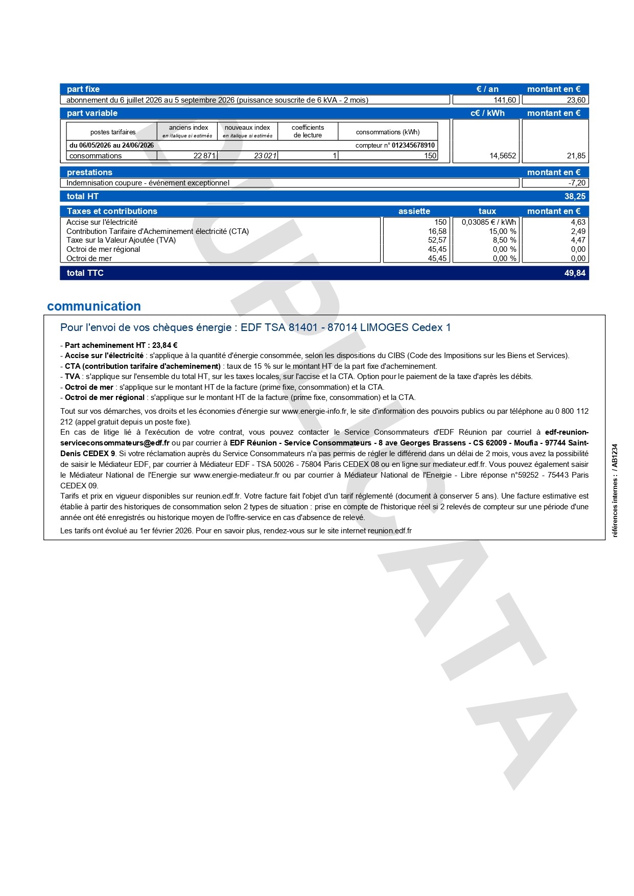 Visuel d'une facture d'éléctricité EDF d'un particulier, tarif bleu