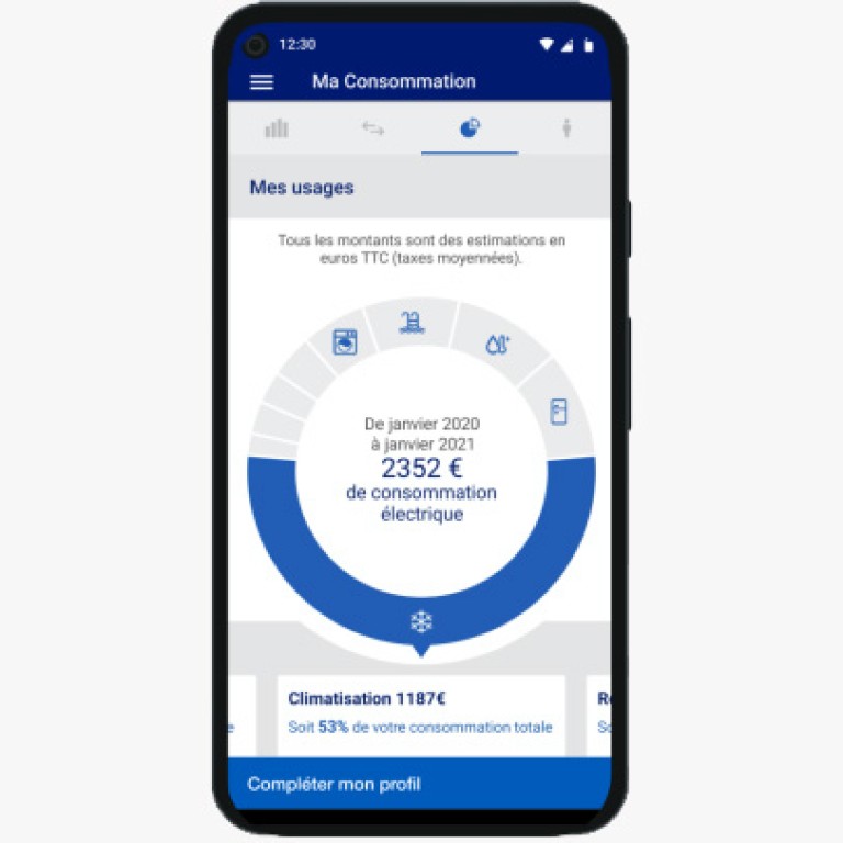 Capture d’écran de l’application EDF Dom & Corse, page « Mes usage » montrant un graphique circulaire de la consommation électrique