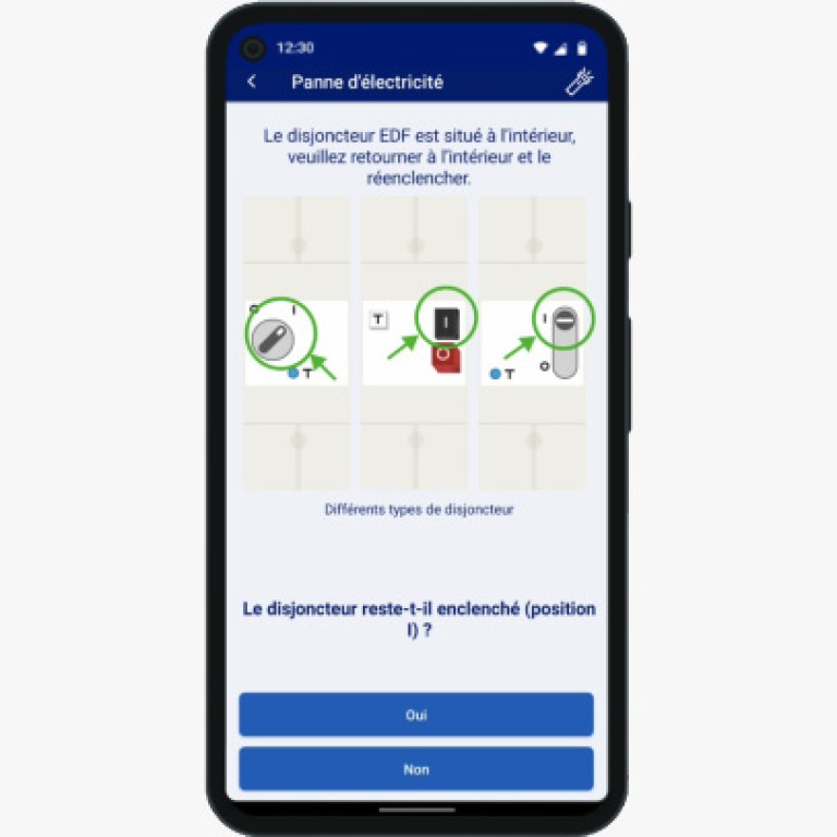 Capture d’écran de l’application EDF Dom & Corse, page « Panne d'électricité » avec  une aide pour réenclencher le disjoncteur EDF intérieur en cas de panne d’électricité