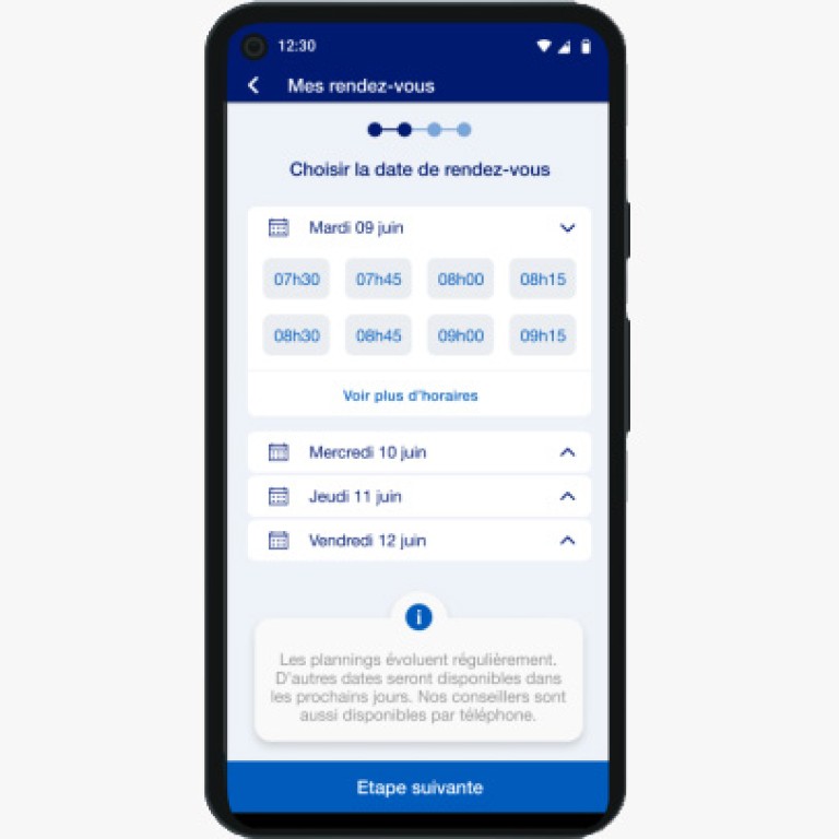 Capture d’écran de l’application EDF Dom & Corse, page « Mes rendez-vous » permettant de choisir un rendez-vous